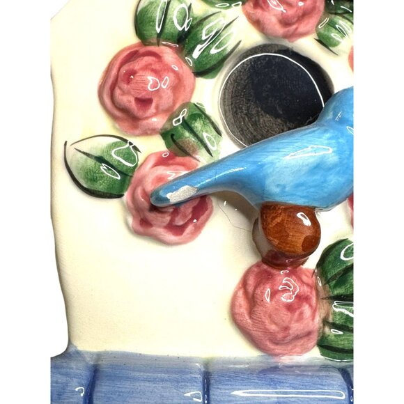 Hand-Painted Ceramic Decorative Birdhouse Candle With Floral & Bluebird Design - Picture 10 of 13